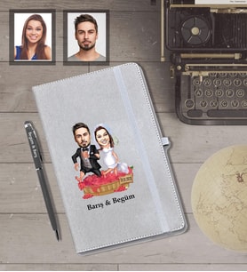 Kişiye Özel Gelin Damat Karikatürlü Gri Defter Kalem Hediye Seti   Mod-4