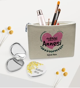 BK Gift Kişiye Özel Dünyanın En İyi Annesi Keten Makyaj Çantası ve Kalp Ayna Seti-11 (Model 1)