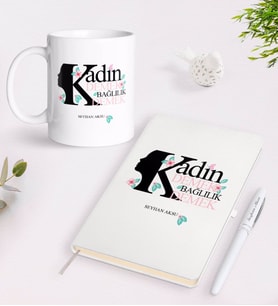 BK Gift Kişiye Özel Kadınlar Günü Bağlılık Tasarımlı Beyaz Defter Kalem ve Kupa Seti-6 (Model 1)