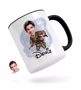 BK Gift Kişiye Özel Asker Karikatürlü Siyah Kupa Bardak-1
