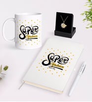 BK Gift Kişiye Özel Süper Öğretmen Beyaz Kupa Defter Kalem ve İsimli Papatya Kolye Hediye Seti-1 (Model 1)