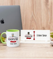 Elektrik Teknisyeni Yeşil Kupa Bardak Ve Masa İsimliği Hediye Seti
