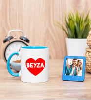 İsim Yazılı Kırmızı Kalpli Mavi Kupa Bardak ve Mavi Mini Fotoğraf Çerçevesi