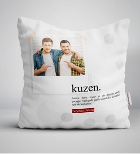 BK Gift Kişiye Özel Fotoğraflı Kuzen Anlamı Yastık (Beyaz)