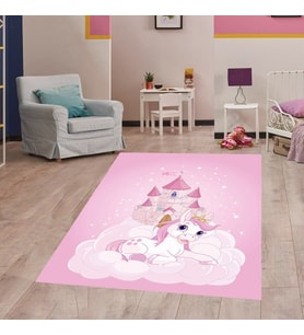 Unicorn Desenli Dijital Baskı Yıkanabilir Kaymaz Taban Çocuk Odası Halısı  (Pembe)