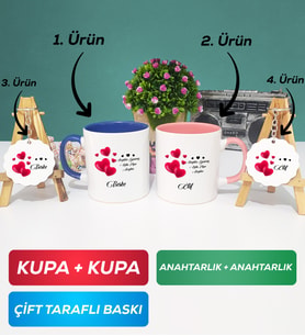 İkili Lacivert Pembe Sevgililer Günü Hediyesi Kupa Bardak Anahtarlık