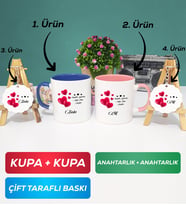 İkili Lacivert Pembe Sevgililer Günü Hediyesi Kupa Bardak Anahtarlık