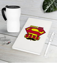 BK Gift Kişiye Özel Süper Baba Beyaz Defter Kalem Termos Mug Seti-1 (Model 1)
