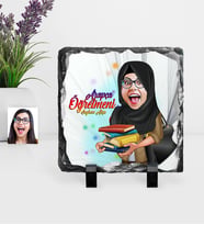 BK Gift Kişiye Özel Tesettürlü Bayan Öğretmen Karikatürlü Dekoratif Doğal Taş  2