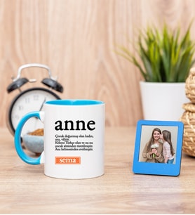 Anne Kelime Anlamı Mavi Kupa Bardak ve Mavi Mini Fotoğraf Çerçevesi