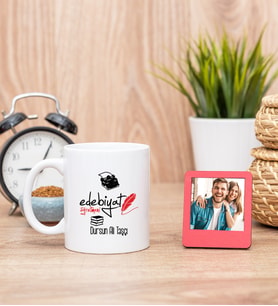 Edebiyat Öğretmeni Beyaz Kupa Bardak ve Kırmızı Mini Fotoğraf Çerçevesi