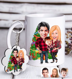 BK Gift Kişiye Özel Yeni Yıl Aile Karikatürlü Beyaz Kupa ve Anahtarlık Hediye Seti-4 (Model 1)