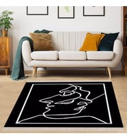 Line Art Yüz Desenli Dijital Baskı Yıkanabilir Modern Salon Halı (Siyah)