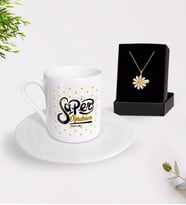BK Gift Kişiye Özel Süper Öğretmen Türk Kahvesi Fincanı ve İsimli Papatya Kolye Hediye Seti-1 (Model 1)