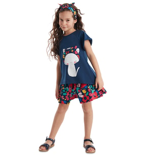 Çiçekli Kedi Kız Çocuk T-shirt Poplin Şort Takım (Lacivert)