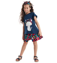 Çiçekli Kedi Kız Çocuk T-shirt Poplin Şort Takım (Lacivert)