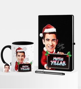BK Gift Kişiye Özel Yılbaşı Temalı Bay Karikatürlü Siyah Defter Kalem Kupa Seti - 2