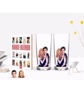 BK Gift Kişiye Özel Renkli Baskılı Sevgililer Karikatürlü İkili Rakı Bardağı ve Rakı Cep Kitabı Hediye Seti-36 (Model 1)