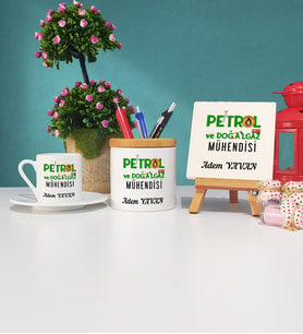 Petrol Ve Doğalgaz Mühendisi Türk Kahvesi Fincanı Kalemlik ve Dekoratif Taş Baskı Seti
