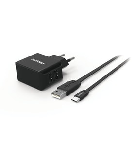 Philips DLP2502C 2 USB Çıkışlı Duvar Şarj Cihazı & Type-C Şarj Kablosu Combo Set (Siyah)
