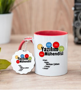 Yazılım Mühendisi Kırmızı Kupa Bardak Ve Anahtarlık Set
