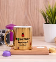 Sosyal Bilgiler Öğretmeni Ahşap Altlıklı Mumlu Gold Kupa Bardak