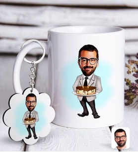 BK Gift Kişiye Özel Erkek Doğum Günü Karikatürlü Beyaz Kupa ve Anahtarlık Hediye Seti-4 (Model 1)