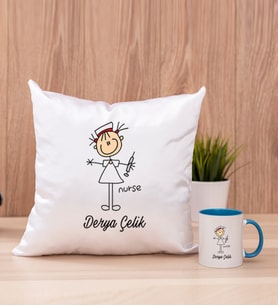 Hemşire Karikatürü Kare Yastık ve Mavi Kupa Bardak