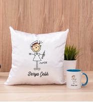 Hemşire Karikatürü Kare Yastık ve Mavi Kupa Bardak