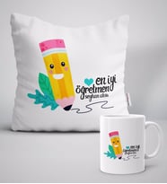 BK Gift Kişiye Özel En İyi Öğretmen Beyaz Yastık Kupa Seti-10 (Model 1)