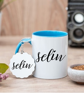 Kişiye Özel İsim Yazılı Mavi Kupa Bardak Ve Anahtarlık Set