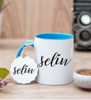 Kişiye Özel İsim Yazılı Mavi Kupa Bardak Ve Anahtarlık Set