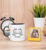 Bir Tek Annem Olsun Siyah Kupa Bardak ve Sarı Mini Fotoğraf Çerçevesi