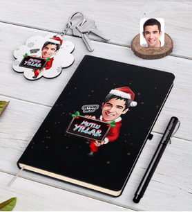 BK Gift Kişiye Özel Erkek Yeni Yıl Karikatürlü Siyah Defter Kalem ve Anahtarlık Hediye Seti-1 (Model 1)
