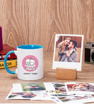 Aşık Çiftlere Özel Mavi Kupa Bardak ve Ahşap Standlı Polaroid Set