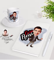 BK Gift Kişiye Özel Evin Reisi Karikatürlü Beyaz Defter Kalem Türk Kahvesi Fincanı Seti-1 (Model 1)