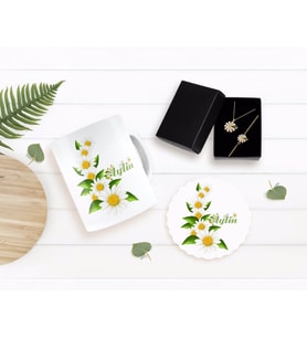BK Gift Kişiye Özel Papatya Temalı Kupa Bardak Altlığı ve Kolye Bileklik Hediye Seti-8 (Model 1)