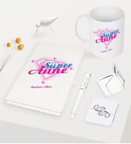 BK Gift Kişiye Özel Süper Anne Beyaz Defter Kalem Kupa Ayna Seti - 2 (Model 1)