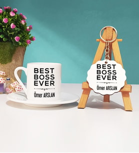 Patrona Hediye Best Boss Ever Tasarımlı Patron Türk Kahvesi Fincanı ve Anahtarlık Hediye Seti