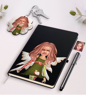 BK Gift Kişiye Özel Kız Çocuk Peri Karikatürlü Siyah Defter Kalem Ve Anahtarlık Hediye Seti-1 (Model 1)