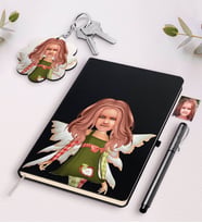 BK Gift Kişiye Özel Kız Çocuk Peri Karikatürlü Siyah Defter Kalem Ve Anahtarlık Hediye Seti-1 (Model 1)