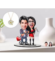 BK Gift Kişiye Özel Sevgililer Karikatürlü 3D Ahşap Biblo ve Çift İsimli Papatya Kolye Seti-1 (Model 1)