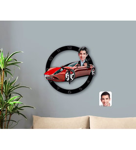 BK Gift Kişiye Özel Plakalı Erkek Ferrari 458 Karikatürlü Ahşap Duvar Saati-1 (Beyaz)
