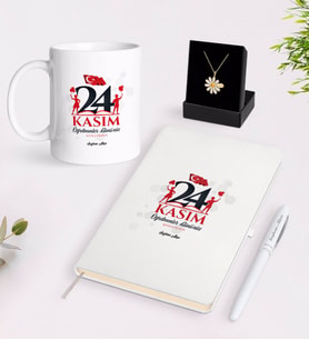 BK Gift Kişiye Özel Öğretmenler Gününüz Kutlu Olsun Beyaz Kupa Defter Kalem ve İsimli Papatya Kolye Hediye Seti-2 (Model 1)