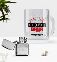 BK Gift Kişiye Özel Doktor Baba Cam Kupa Bardak Benzinli Metal Çakmak Seti-2 (Model 1)