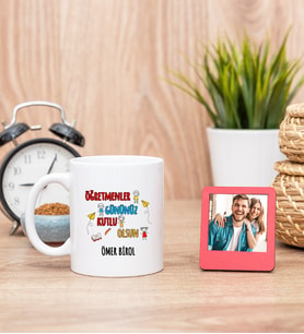 Öğretmenler Günü Hediyesi Beyaz Kupa Bardak ve Kırmızı Mini Fotoğraf Çerçevesi