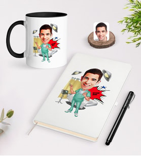 BK Gift Kişiye Özel Bay Cerrah Karikatürlü Beyaz Defter Kalem Siyah Kupa Seti - 1 (Model 1)