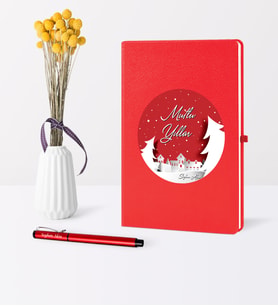 BK Gift Kişiye Özel Yılbaşı Mutlu Yıllar Temalı Kırmızı Defter Kalem Seti - 1