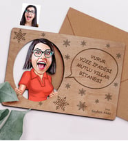BK Gift Kişiye Özel Bayan Karikatürlü Retro Ahşap Yılbaşı Tebrik Kartı - 5