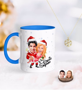 BK Gift Kişiye Özel Yeni Yıl Sevgililer Karikatürlü Mavi Kupa ve Kar Tanesi Kolye-2 (Model 1)